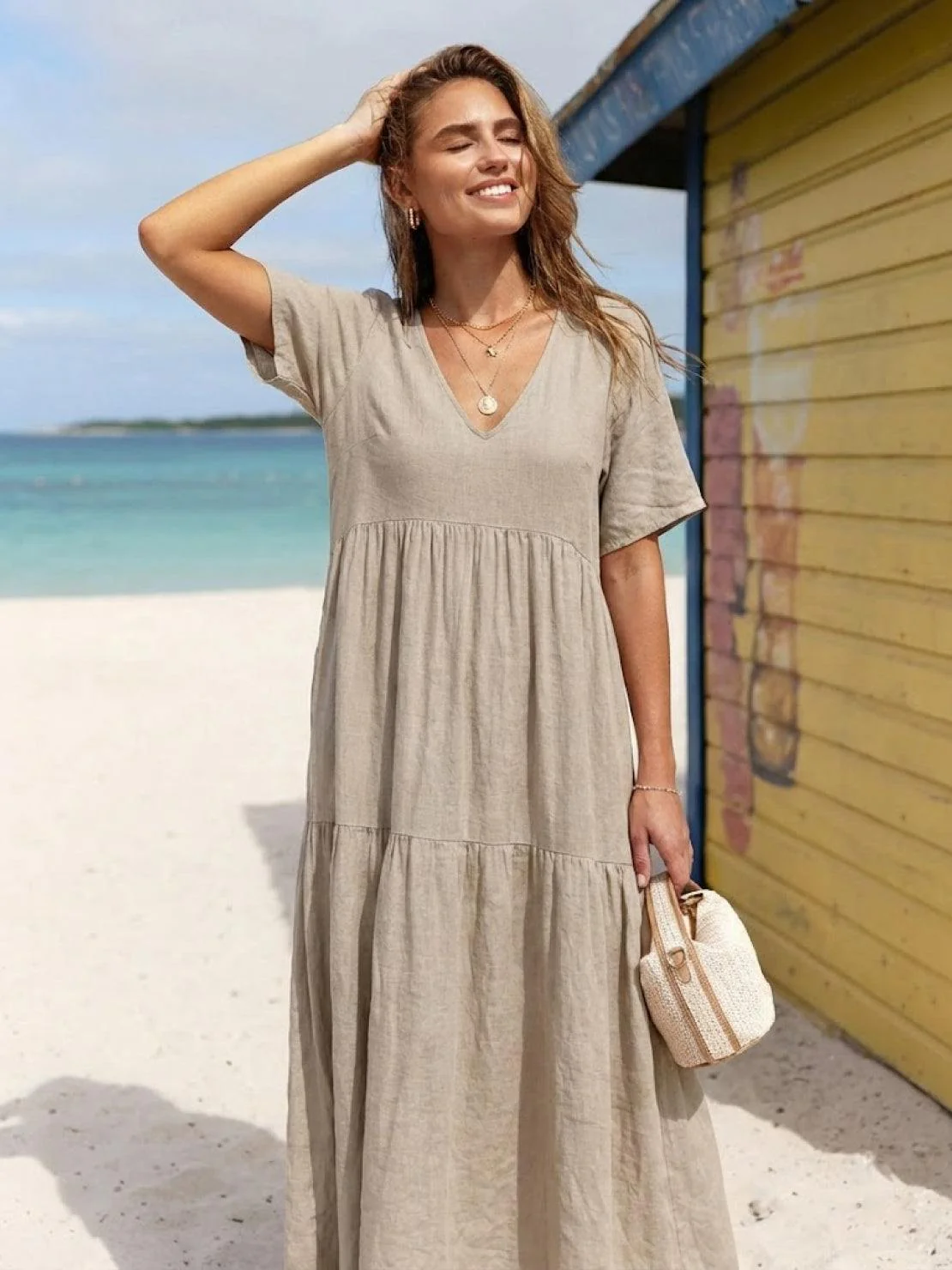 Sienna | Women's V-Neck Tiered Maxi Swing Dress with Short Sleeves - Image 17