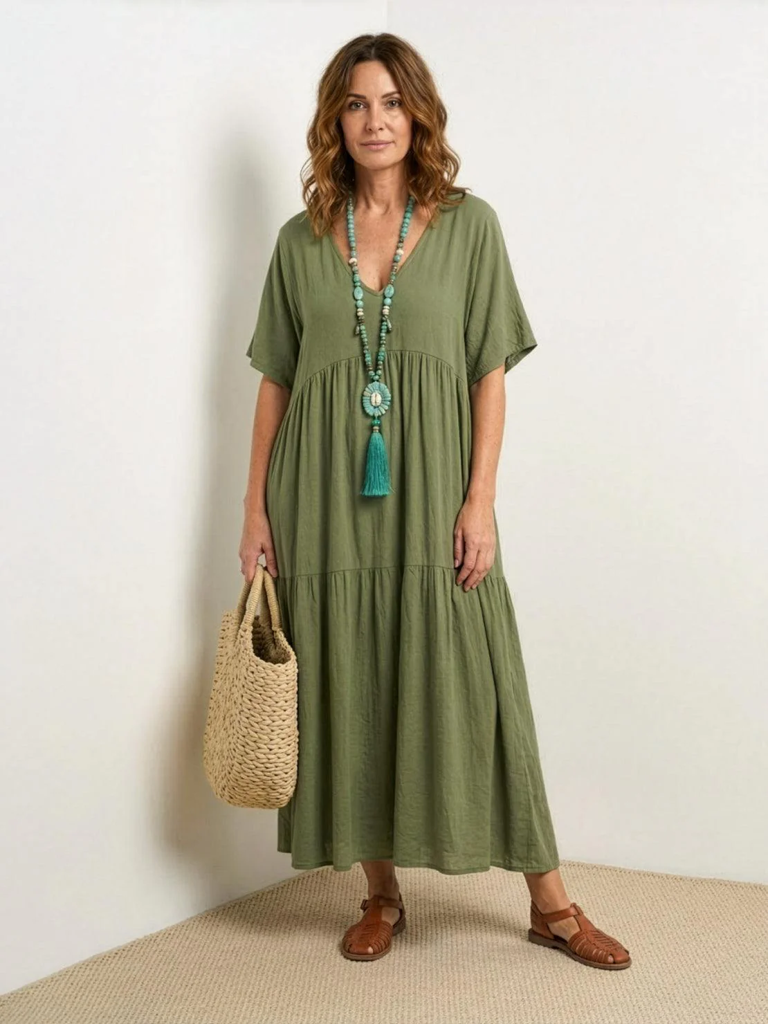 Sienna | Women's V-Neck Tiered Maxi Swing Dress with Short Sleeves - Image 2