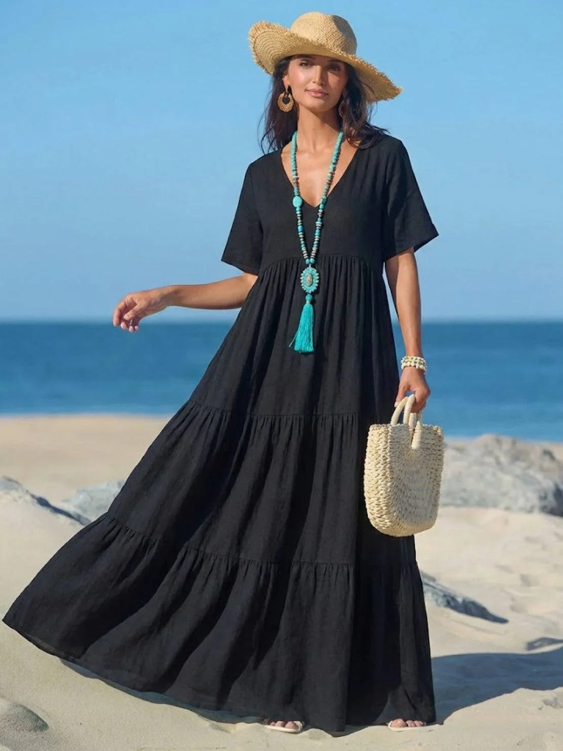 Sienna | Women's V-Neck Tiered Maxi Swing Dress with Short Sleeves - Image 21