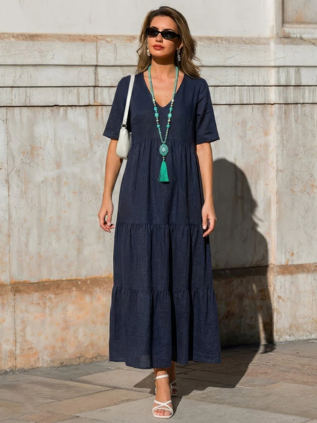 Sienna | Women's V-Neck Tiered Maxi Swing Dress with Short Sleeves - Image 25