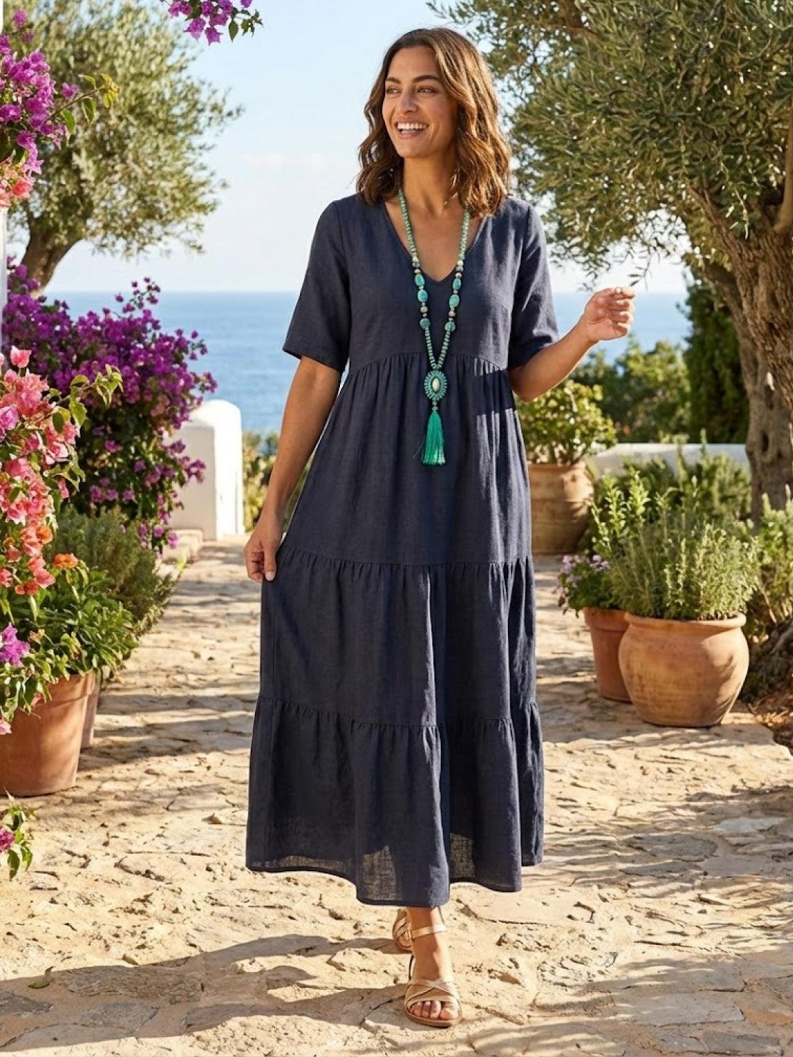 Sienna | Women's V-Neck Tiered Maxi Swing Dress with Short Sleeves - Image 26