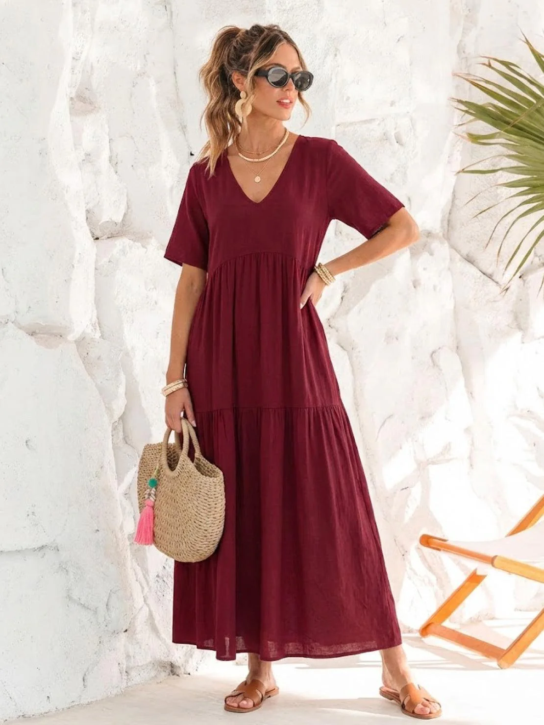 Sienna | Women's V-Neck Tiered Maxi Swing Dress with Short Sleeves - Image 29