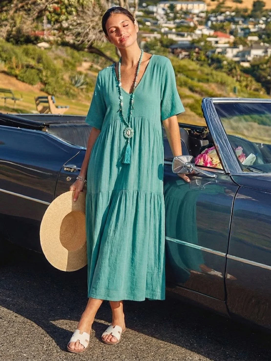 Sienna | Women's V-Neck Tiered Maxi Swing Dress with Short Sleeves - Image 33