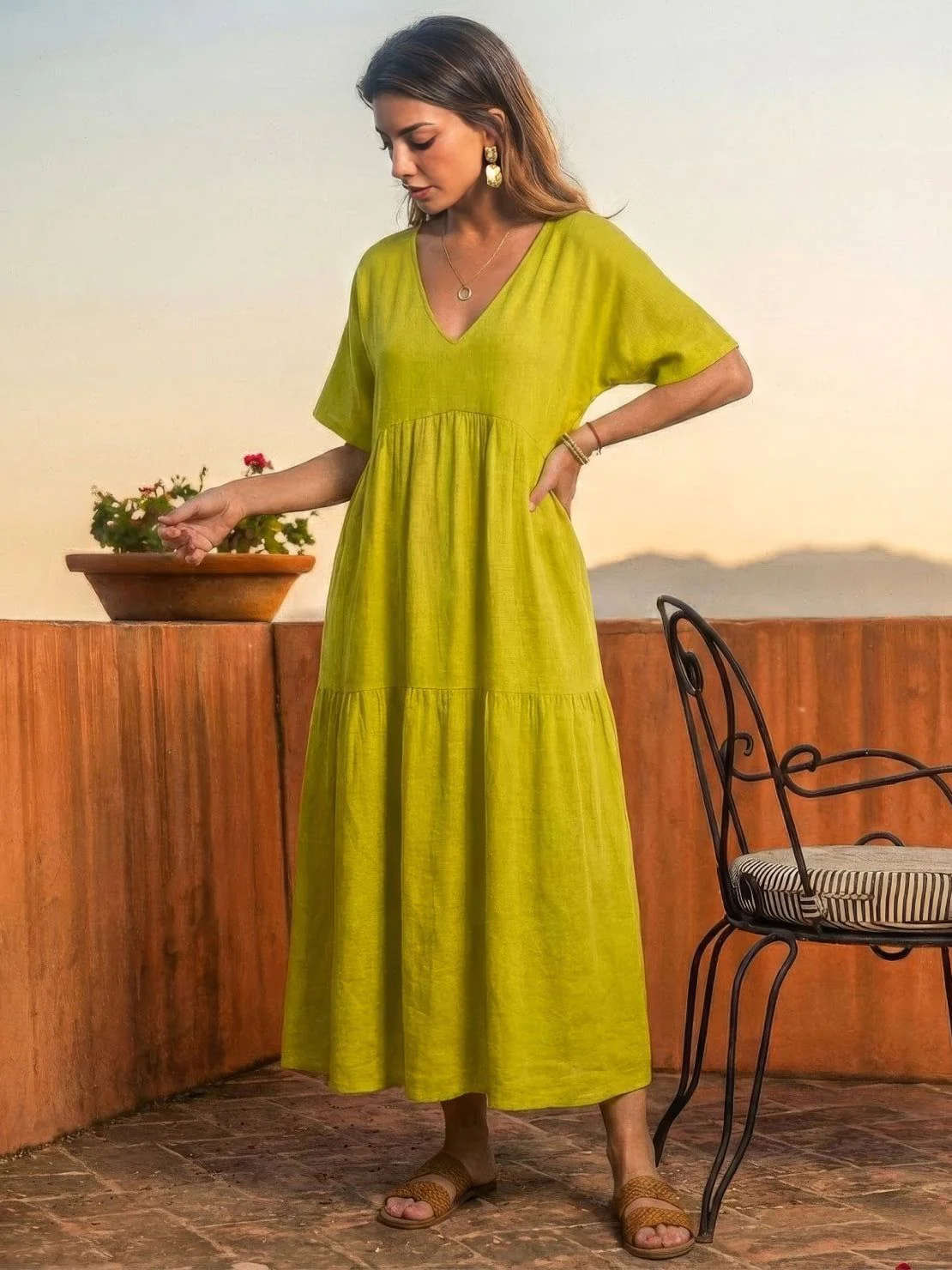 Sienna | Women's V-Neck Tiered Maxi Swing Dress with Short Sleeves - Image 37