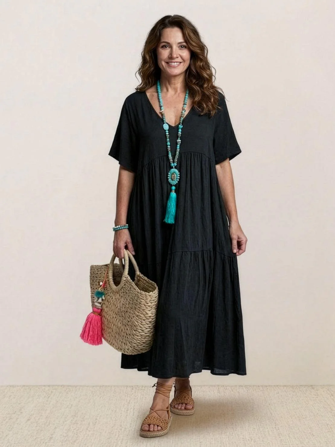 Sienna | Women's V-Neck Tiered Maxi Swing Dress with Short Sleeves - Image 4