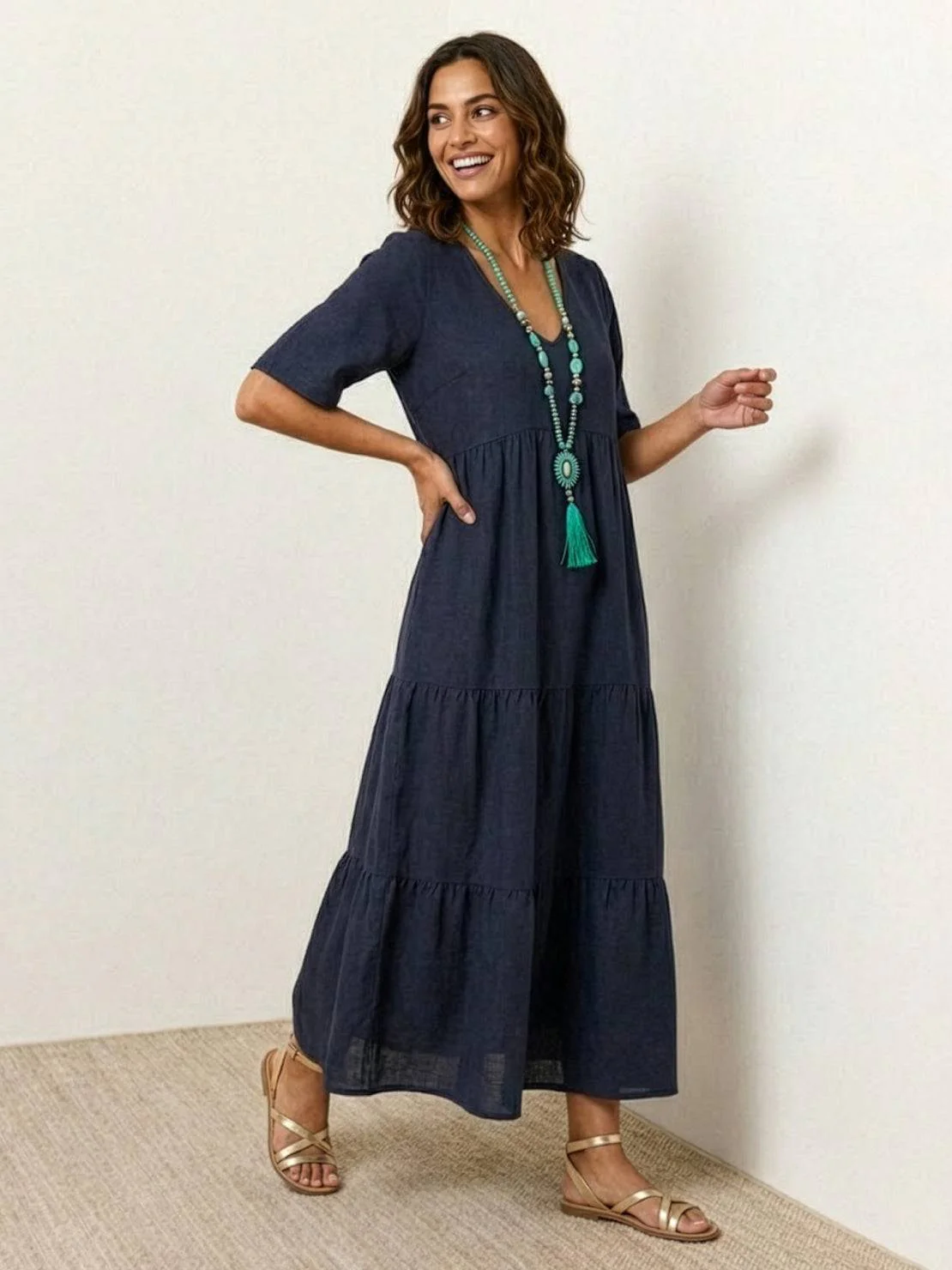 Sienna | Women's V-Neck Tiered Maxi Swing Dress with Short Sleeves - Image 5