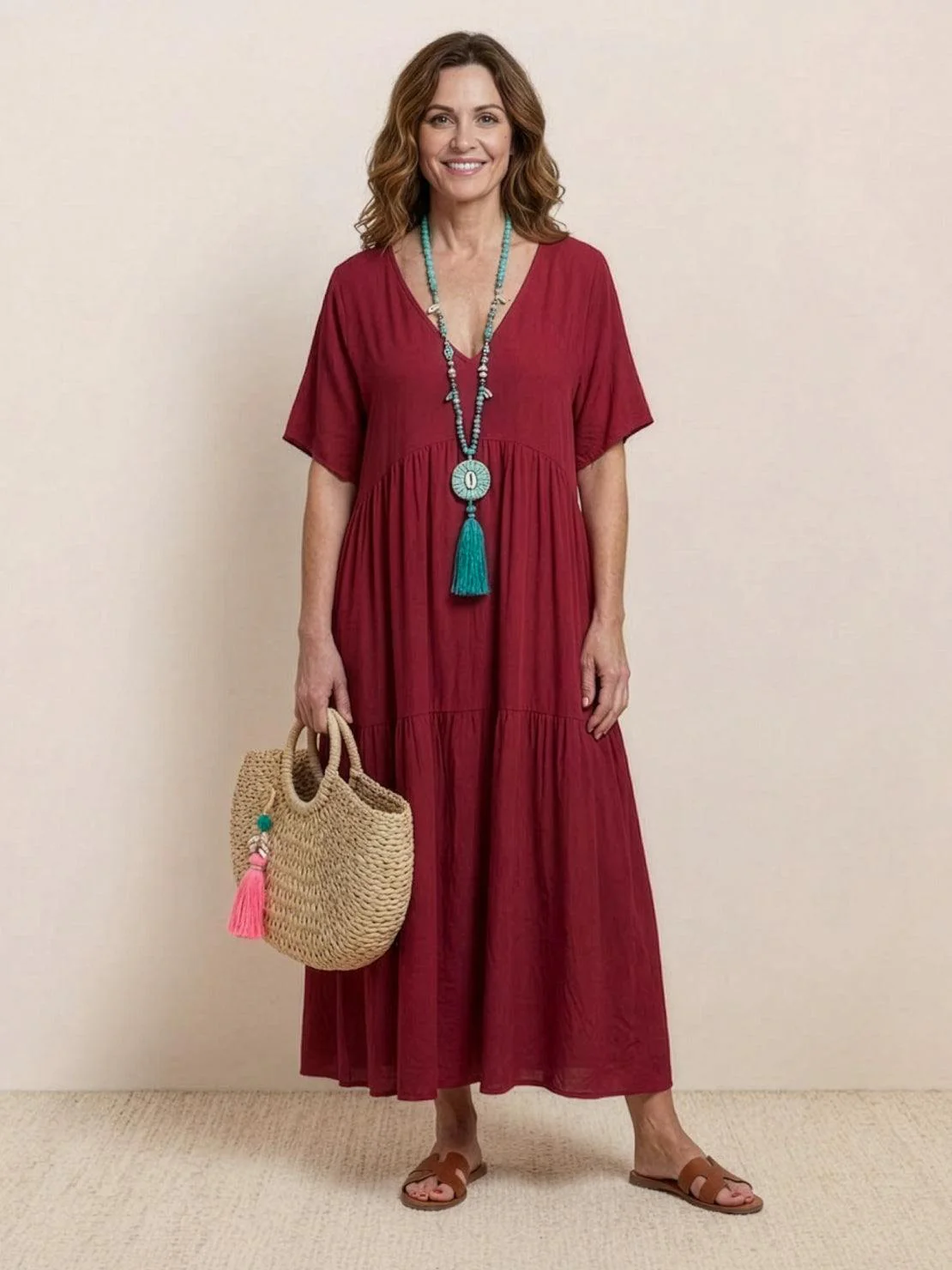 Sienna | Women's V-Neck Tiered Maxi Swing Dress with Short Sleeves - Image 6