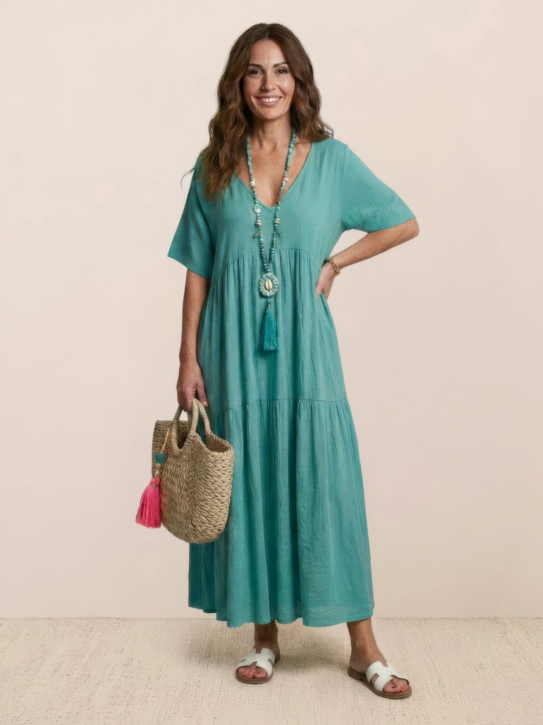 Sienna | Women's V-Neck Tiered Maxi Swing Dress with Short Sleeves - Image 7
