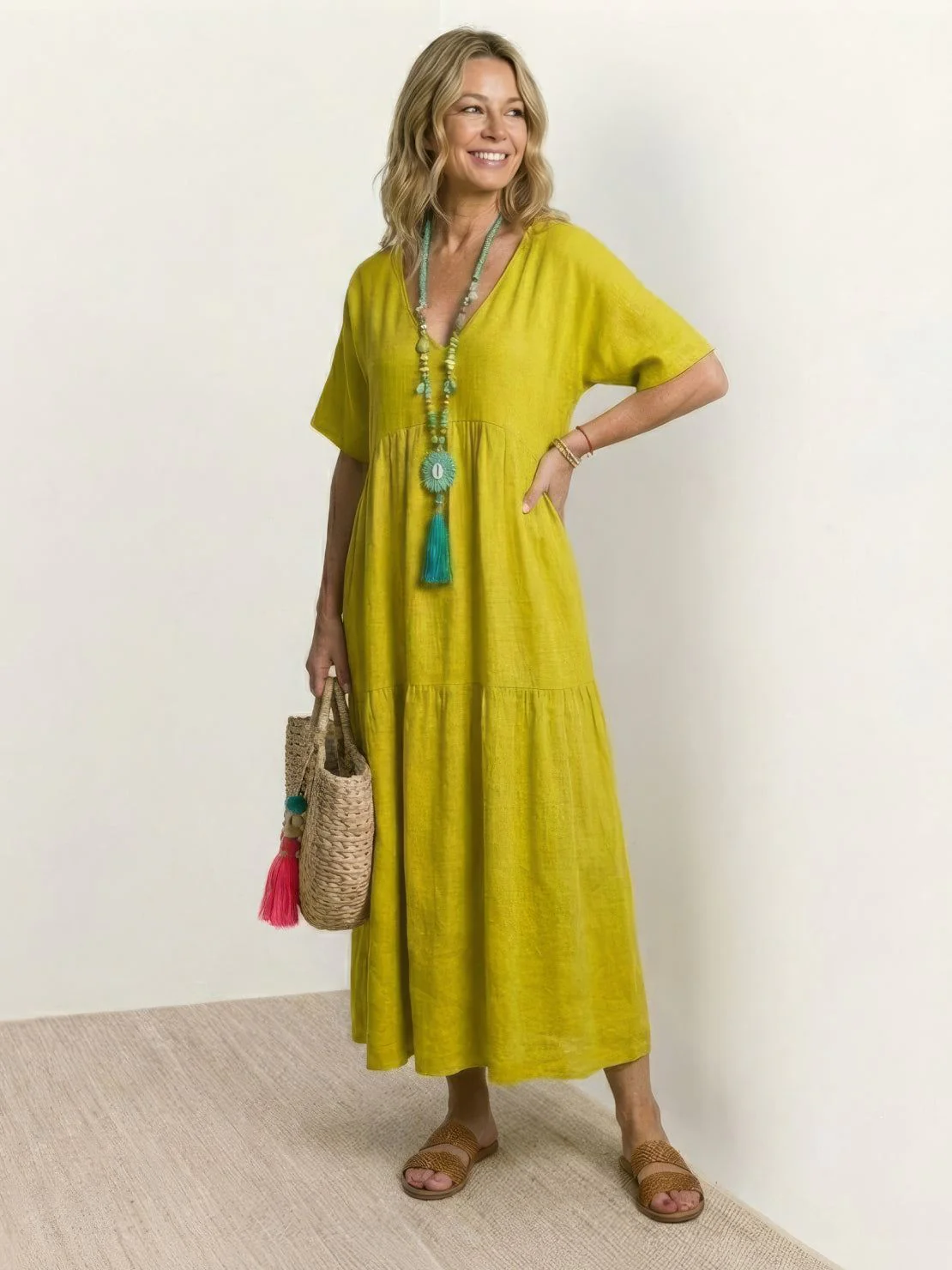 Sienna | Women's V-Neck Tiered Maxi Swing Dress with Short Sleeves - Image 8