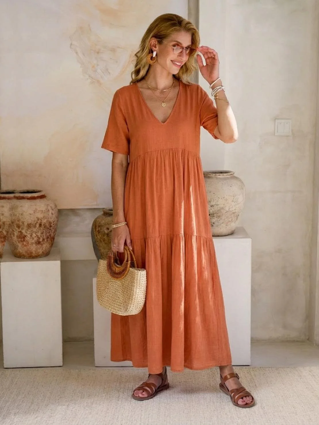 Sienna | Women's V-Neck Tiered Maxi Swing Dress with Short Sleeves - Image 9