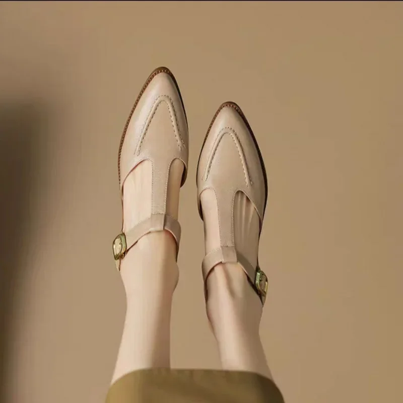 Sloane | Women's T-Strap Buckle Shoes Pointed Toe Low Heel Flats - Image 4