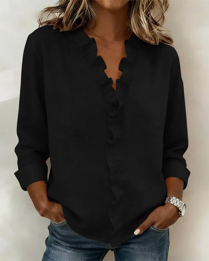 Sophie | Women's Ruffle V-Neck Long Sleeve Blouse Spring Top - Image 3