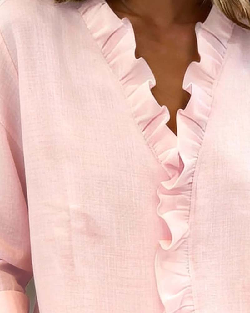 Sophie | Women's Ruffle V-Neck Long Sleeve Blouse Spring Top - Image 4