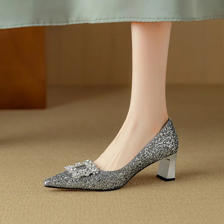 Stella | Women's Glitter Block Heel Pumps Pointed Toe Crystal Buckle - Image 10