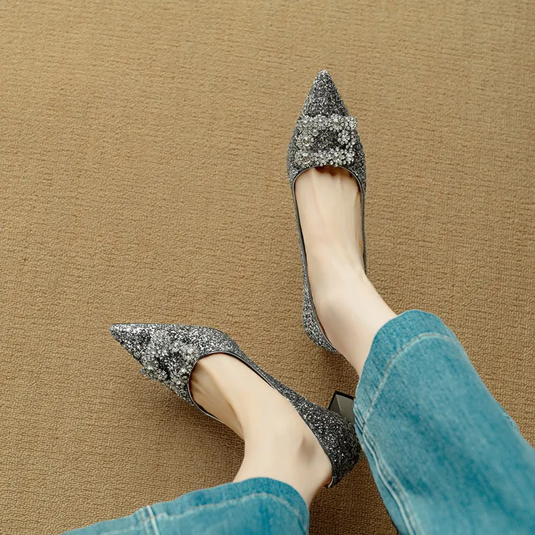 Stella | Women's Glitter Block Heel Pumps Pointed Toe Crystal Buckle - Image 11