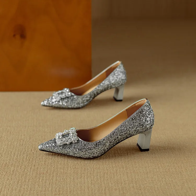 Stella | Women's Glitter Block Heel Pumps Pointed Toe Crystal Buckle - Image 18