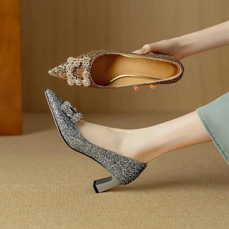 Stella | Women's Glitter Block Heel Pumps Pointed Toe Crystal Buckle - Image 20