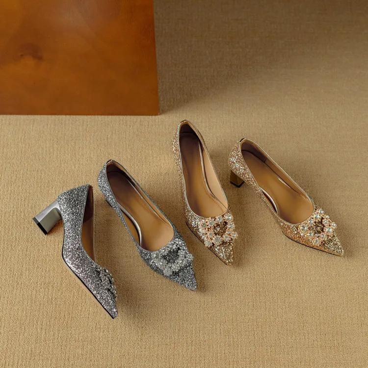 Stella | Women's Glitter Block Heel Pumps Pointed Toe Crystal Buckle - Image 22