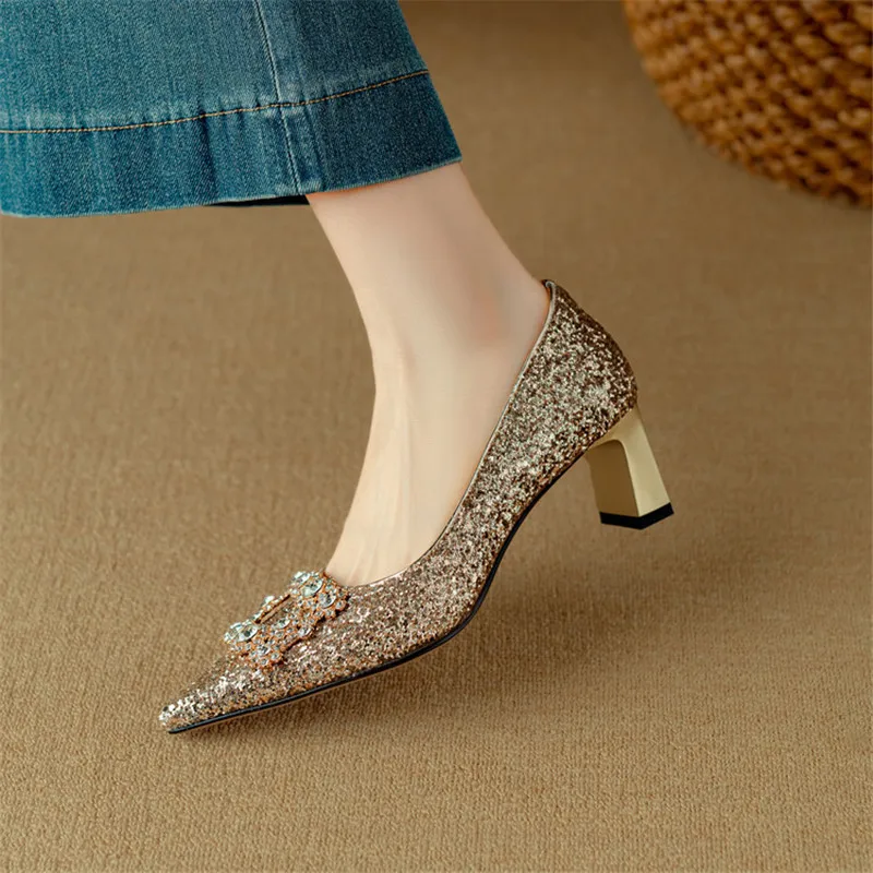 Stella | Women's Glitter Block Heel Pumps Pointed Toe Crystal Buckle - Image 3