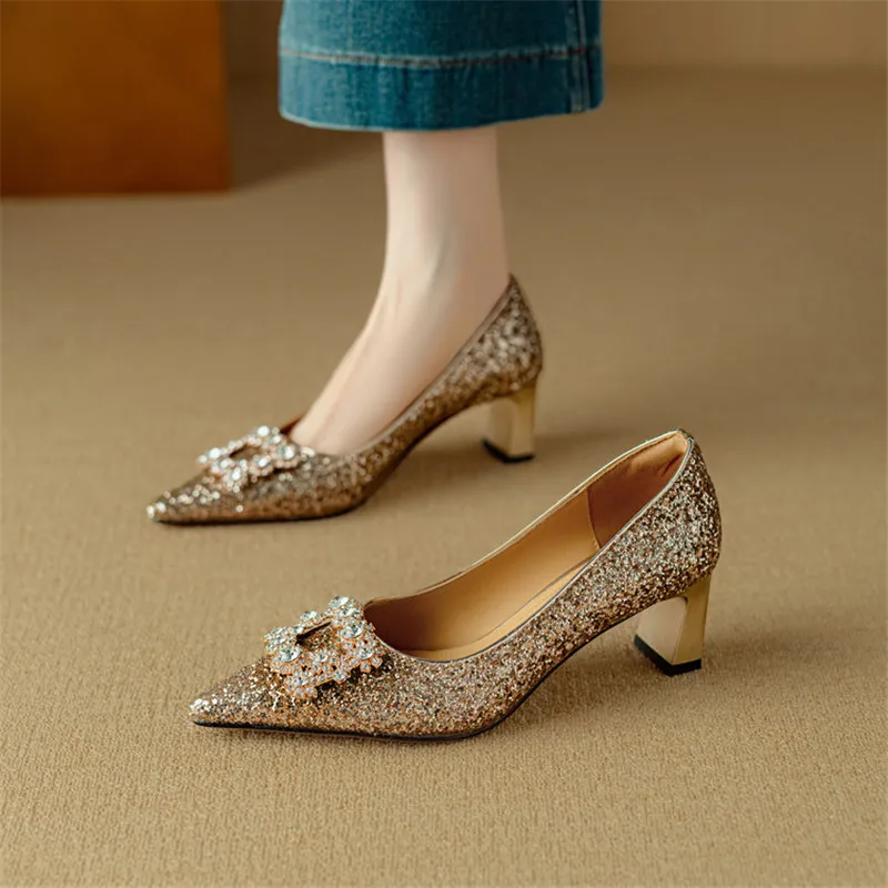 Stella | Women's Glitter Block Heel Pumps Pointed Toe Crystal Buckle - Image 4
