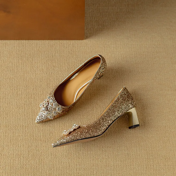 Stella | Women's Glitter Block Heel Pumps Pointed Toe Crystal Buckle - Image 6