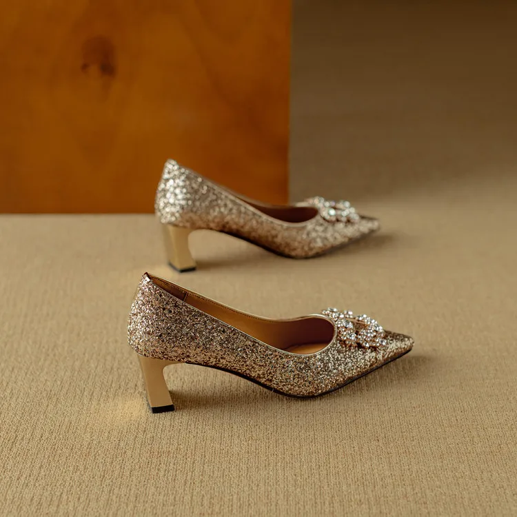 Stella | Women's Glitter Block Heel Pumps Pointed Toe Crystal Buckle - Image 7