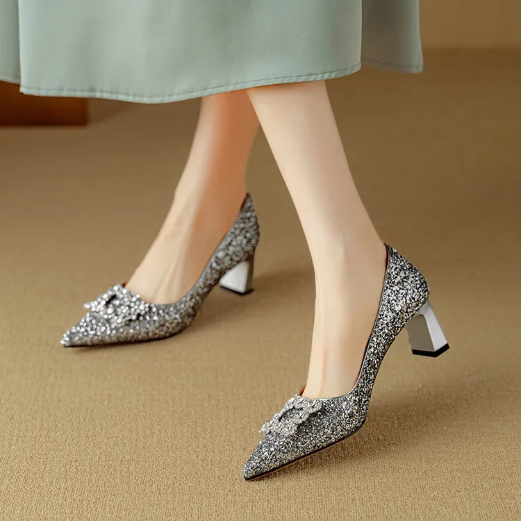 Stella | Women's Glitter Block Heel Pumps Pointed Toe Crystal Buckle - Image 8