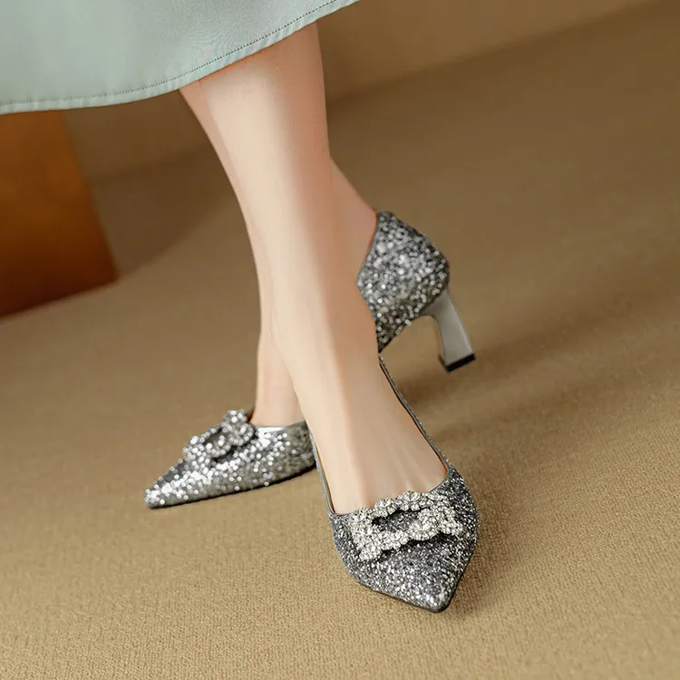 Stella | Women's Glitter Block Heel Pumps Pointed Toe Crystal Buckle - Image 9