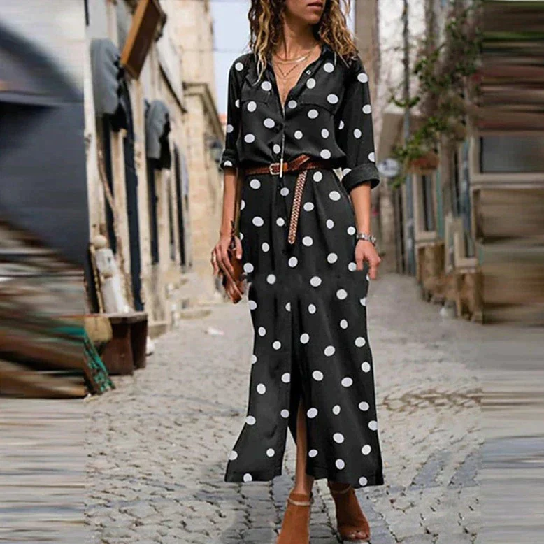 Stella | Women's Polka Dot Maxi Dress Long Sleeve Button-Down Shirt Dress - Image 2