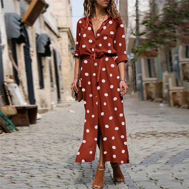 Stella | Women's Polka Dot Maxi Dress Long Sleeve Button-Down Shirt Dress - Image 3