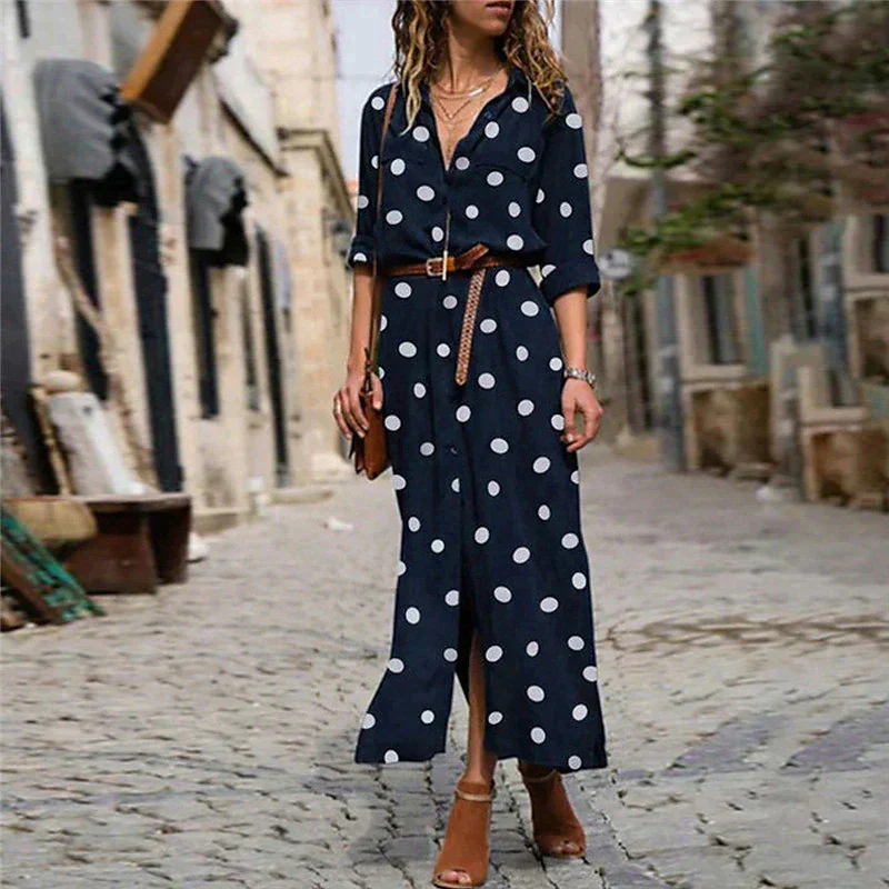 Stella | Women's Polka Dot Maxi Dress Long Sleeve Button-Down Shirt Dress - Image 4