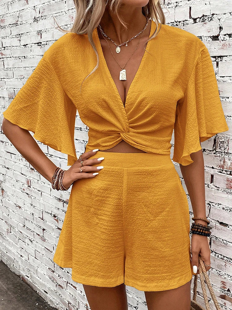 Sunny | Women's Two Piece Set Twist Crop Top Flutter Sleeve Shorts - Image 2