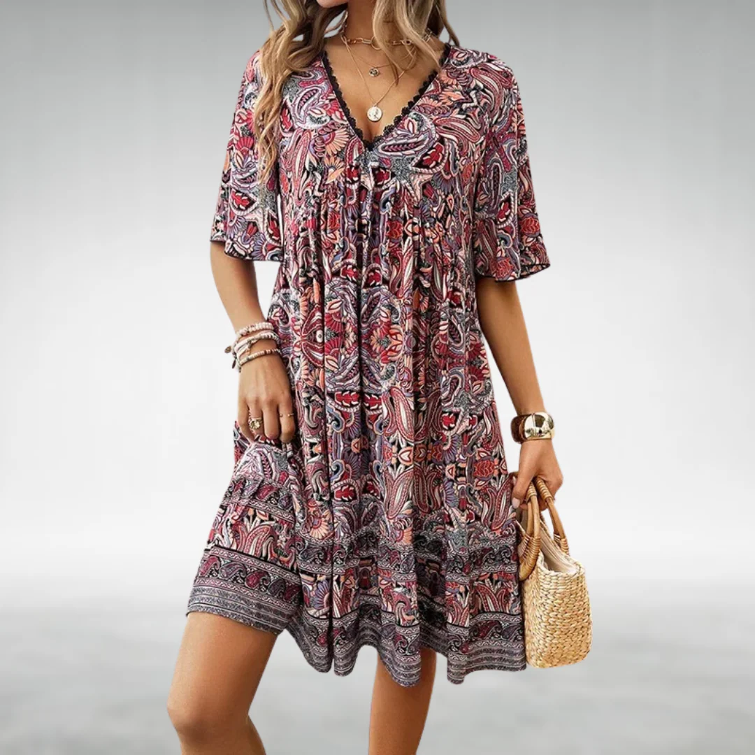 Tahlia | Women's Boho Printed V Neck Mini Dress - Image 3