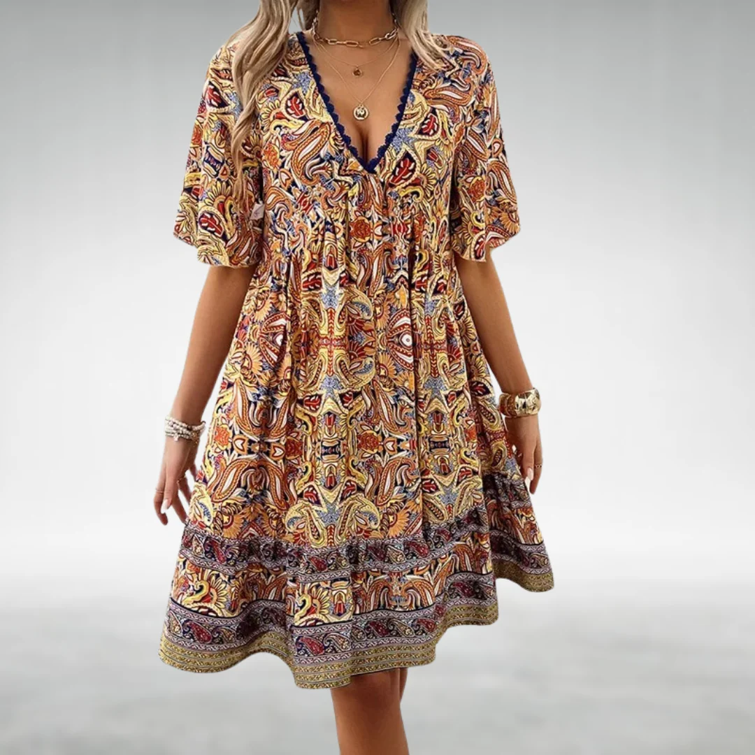 Tahlia | Women's Boho Printed V Neck Mini Dress - Image 4