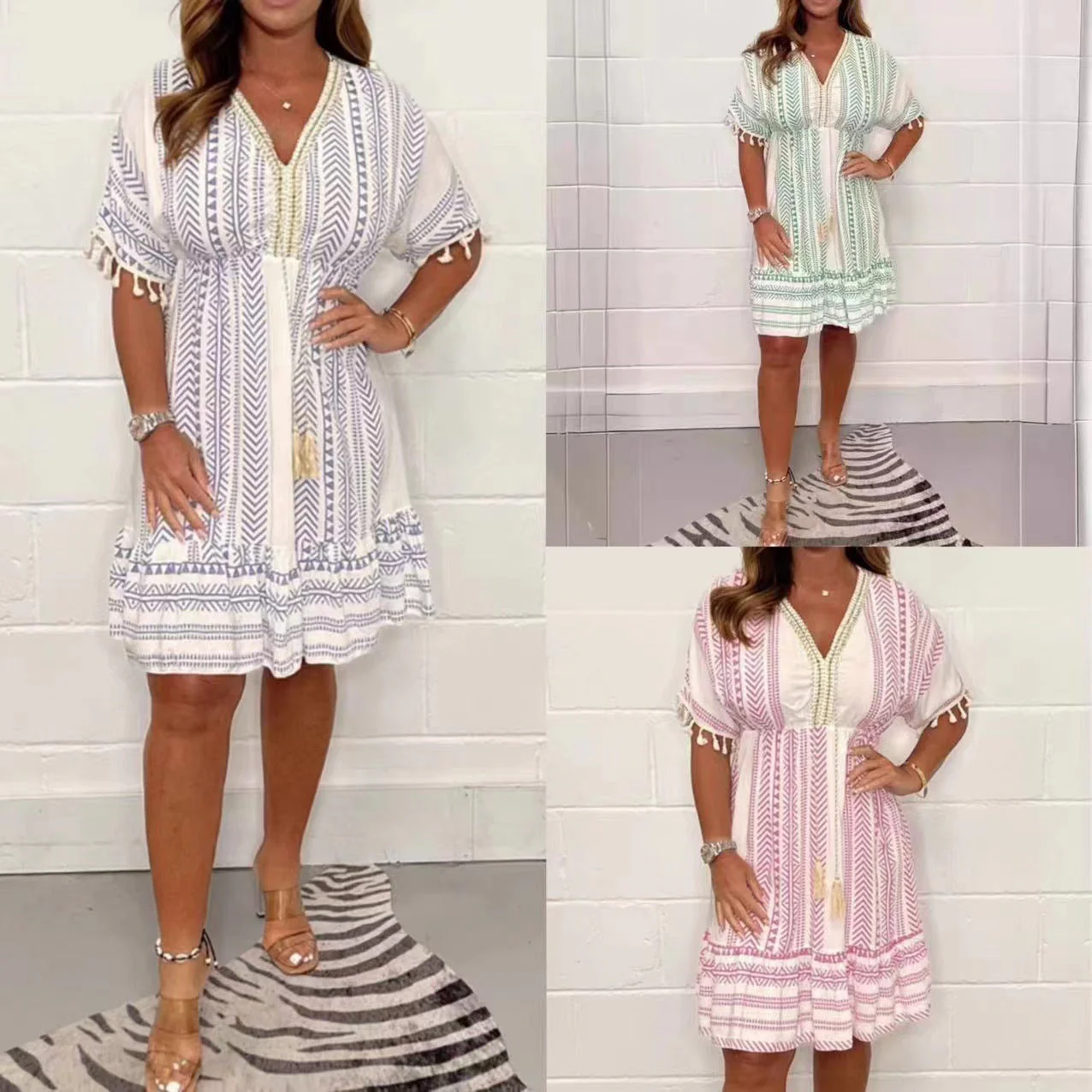 Tulum | Women's Boho Print Mini Dress V-Neck Tassel Summer - Image 6