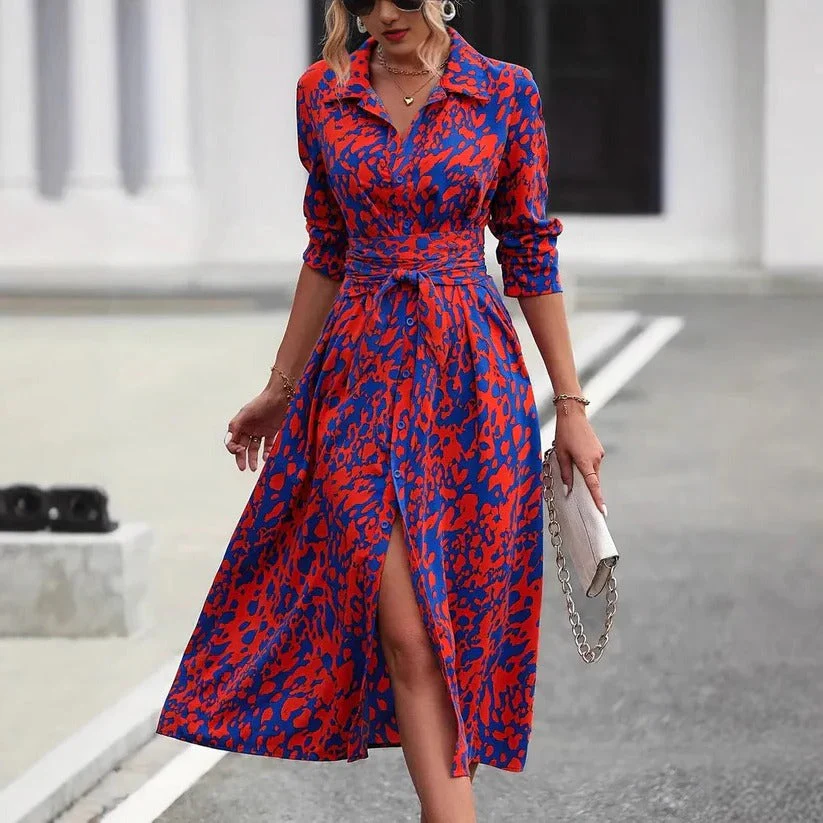 Valentina | Women's Abstract Print Button Down Belted Midi Shirt Dress