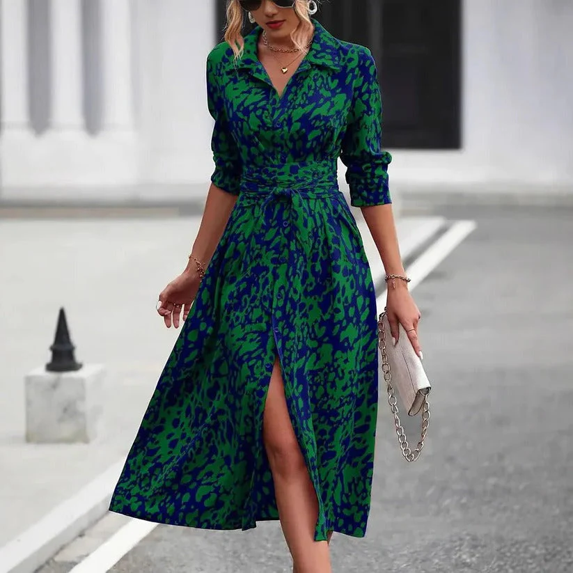 Valentina | Women's Abstract Print Button Down Belted Midi Shirt Dress - Image 2