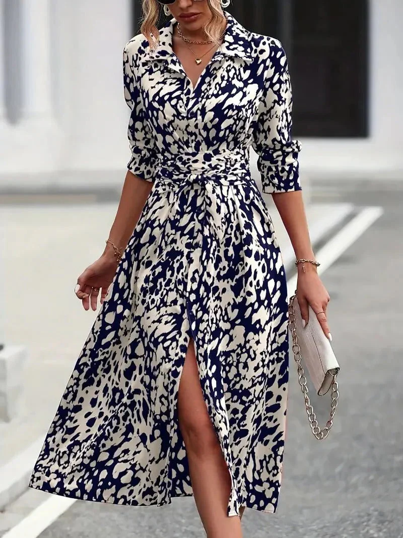 Valentina | Women's Abstract Print Button Down Belted Midi Shirt Dress - Image 3
