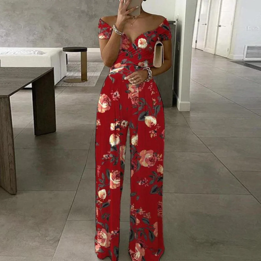 Vera | Women's Floral Wide Leg Jumpsuit Off Shoulder Wrap Bodice - Image 2