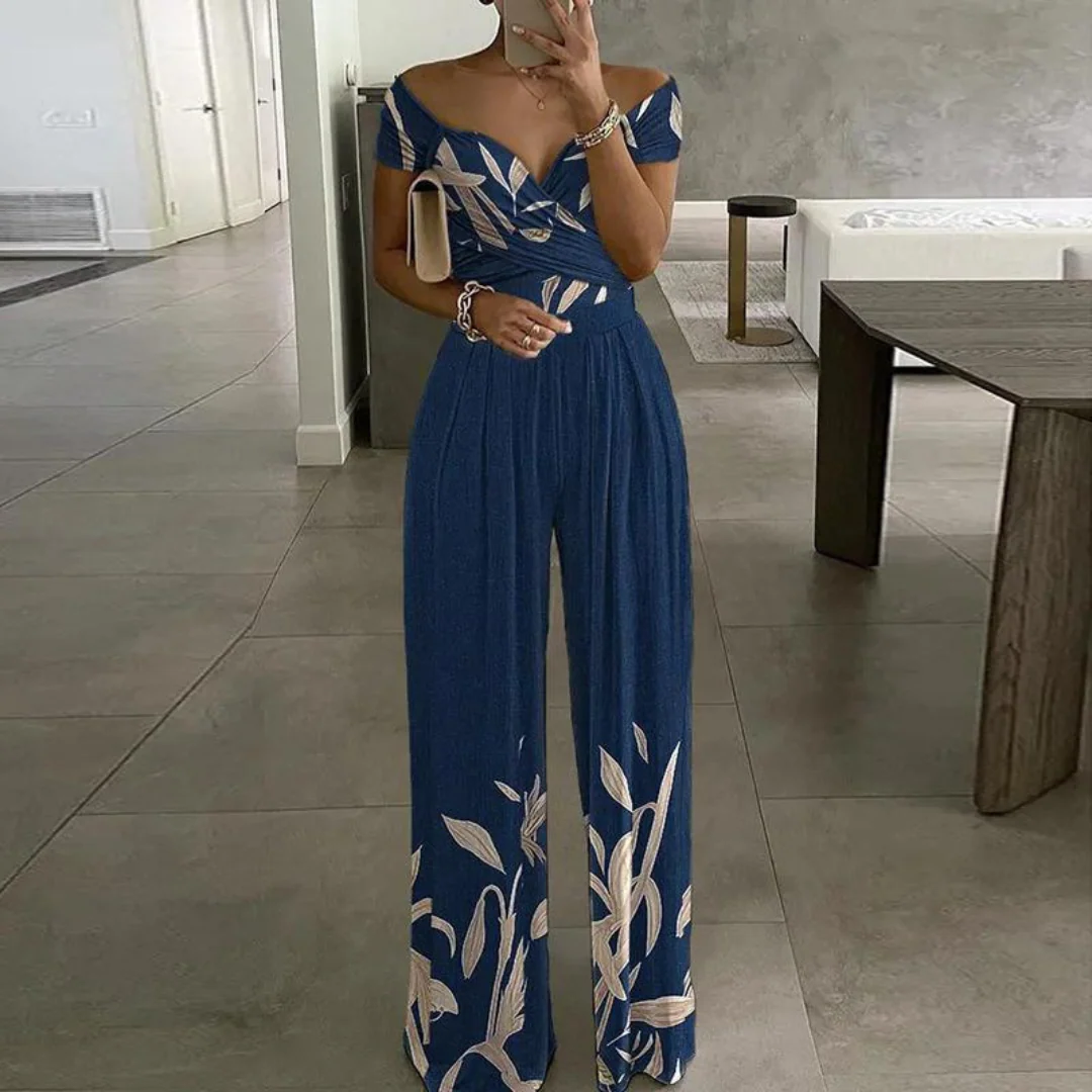 Vera | Women's Floral Wide Leg Jumpsuit Off Shoulder Wrap Bodice - Image 3