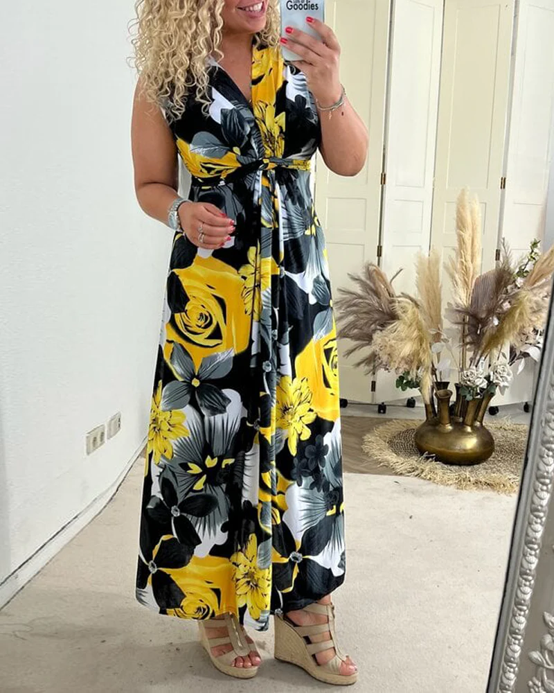 Viola | Women's Floral Maxi Dress Sleeveless Tie Front V-Neck - Image 2