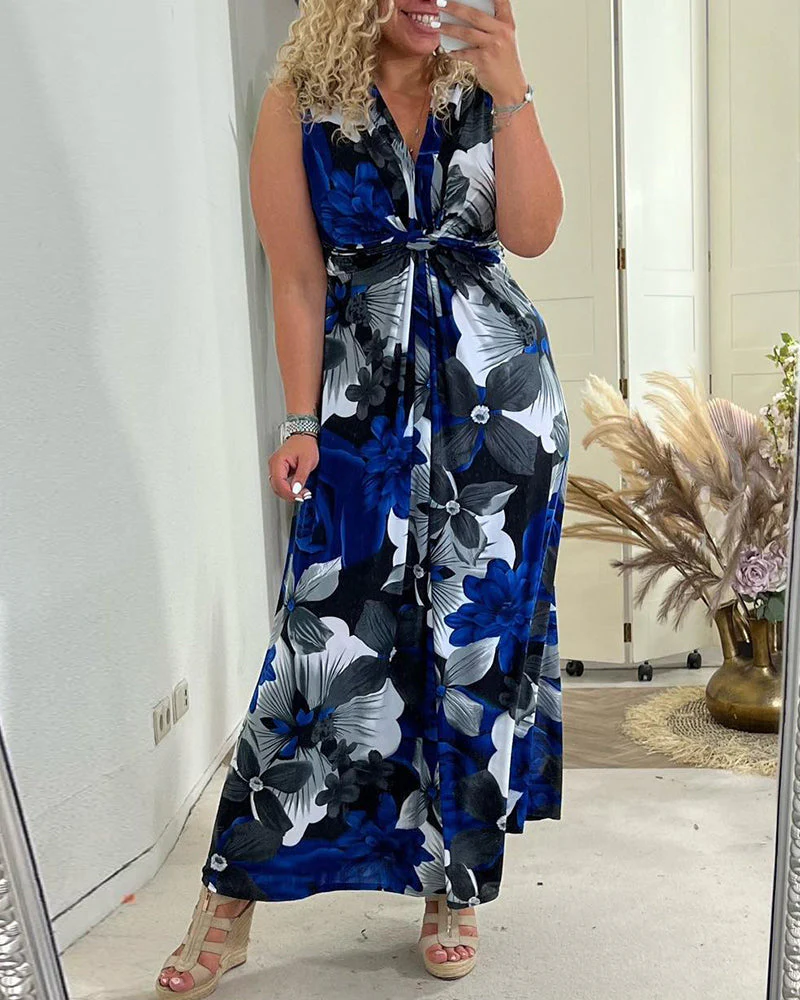 Viola | Women's Floral Maxi Dress Sleeveless Tie Front V-Neck - Image 4