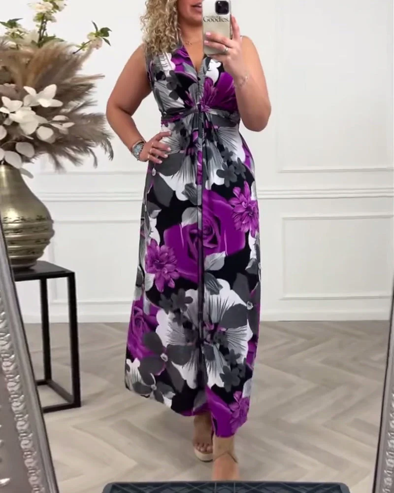 Viola | Women's Floral Maxi Dress Sleeveless Tie Front V-Neck - Image 5