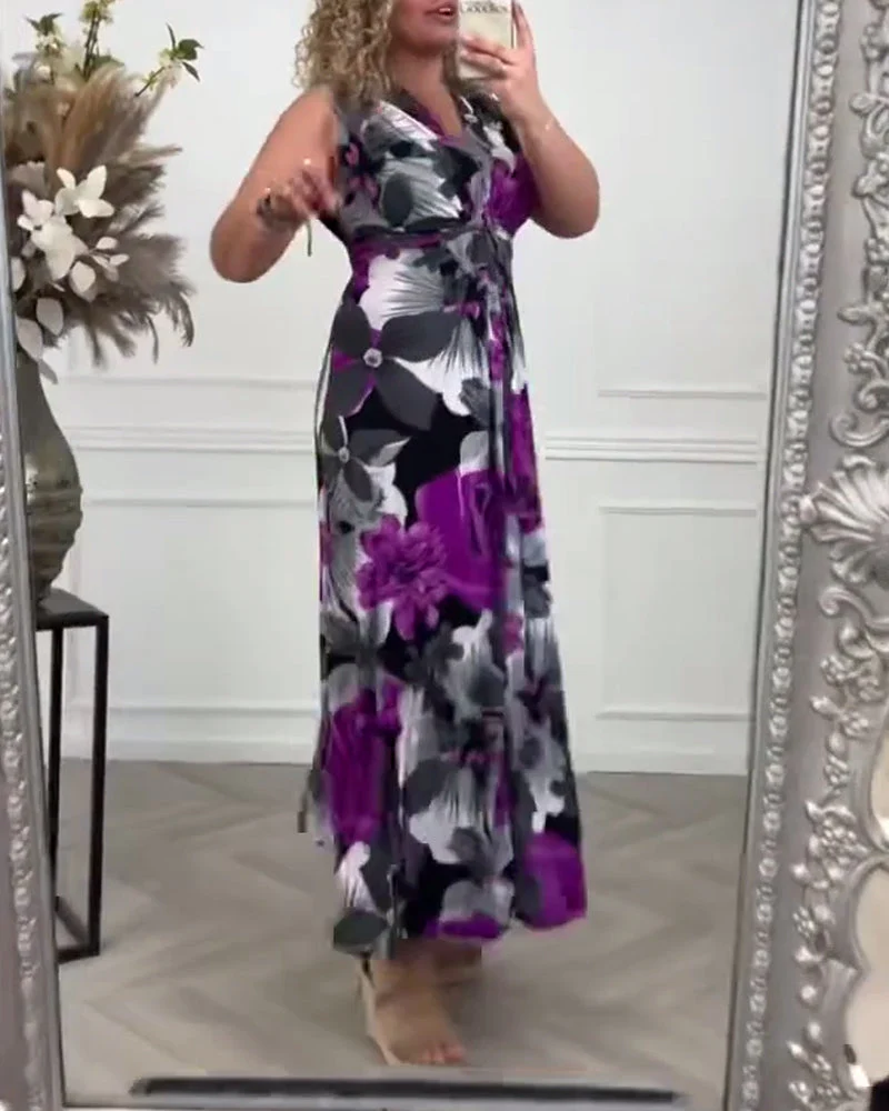 Viola | Women's Floral Maxi Dress Sleeveless Tie Front V-Neck - Image 6