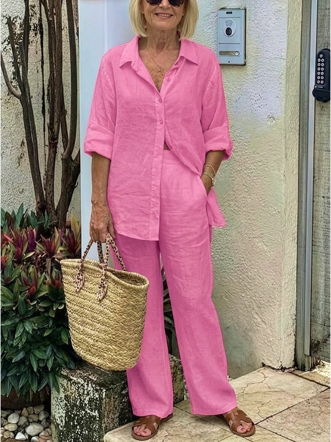 Vivian | Women's Casual Button-Down Shirt and Wide-Leg Pants Set - Image 42