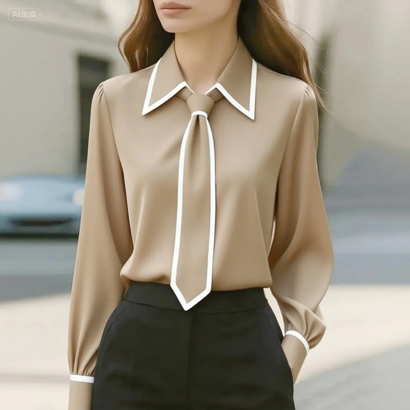 Vivian | Women's Long Sleeve Tie Neck Blouse Contrast Collar - Image 2