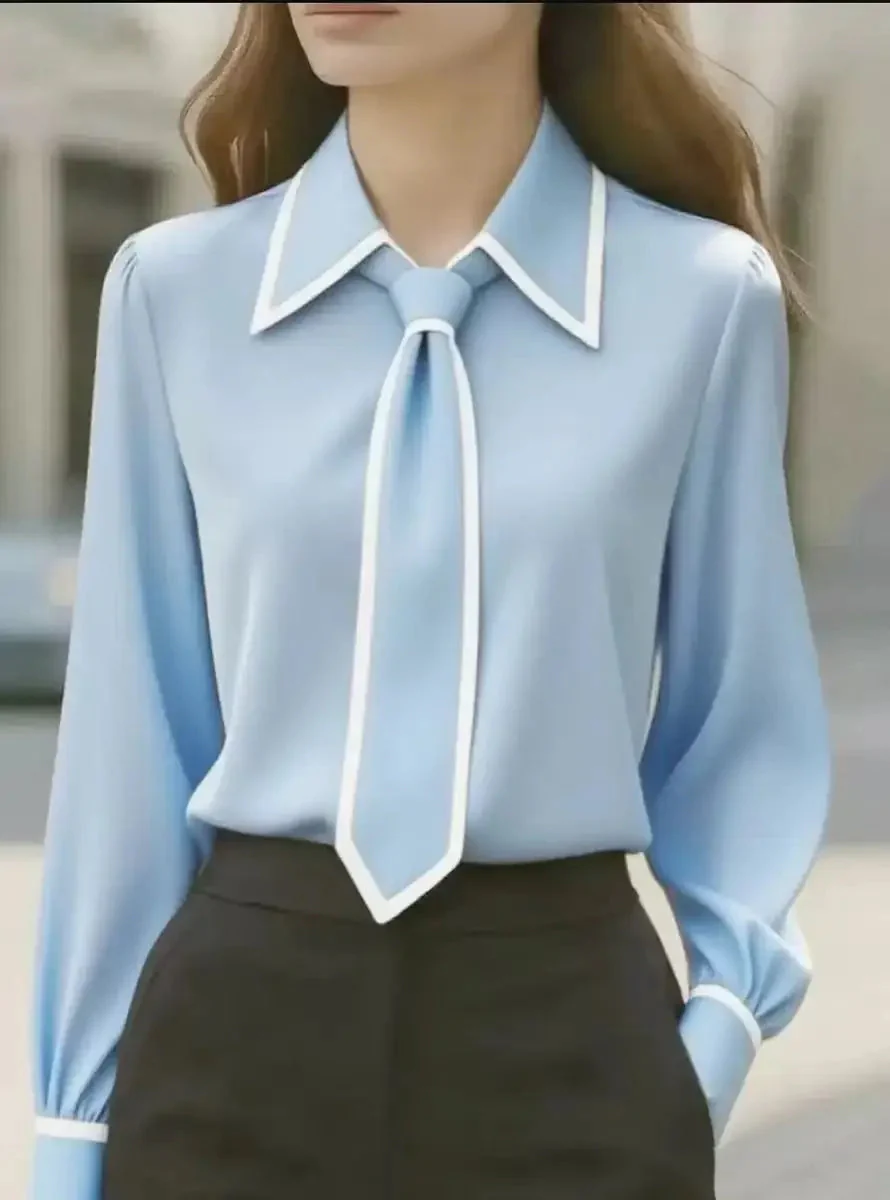 Vivian | Women's Long Sleeve Tie Neck Blouse Contrast Collar - Image 4
