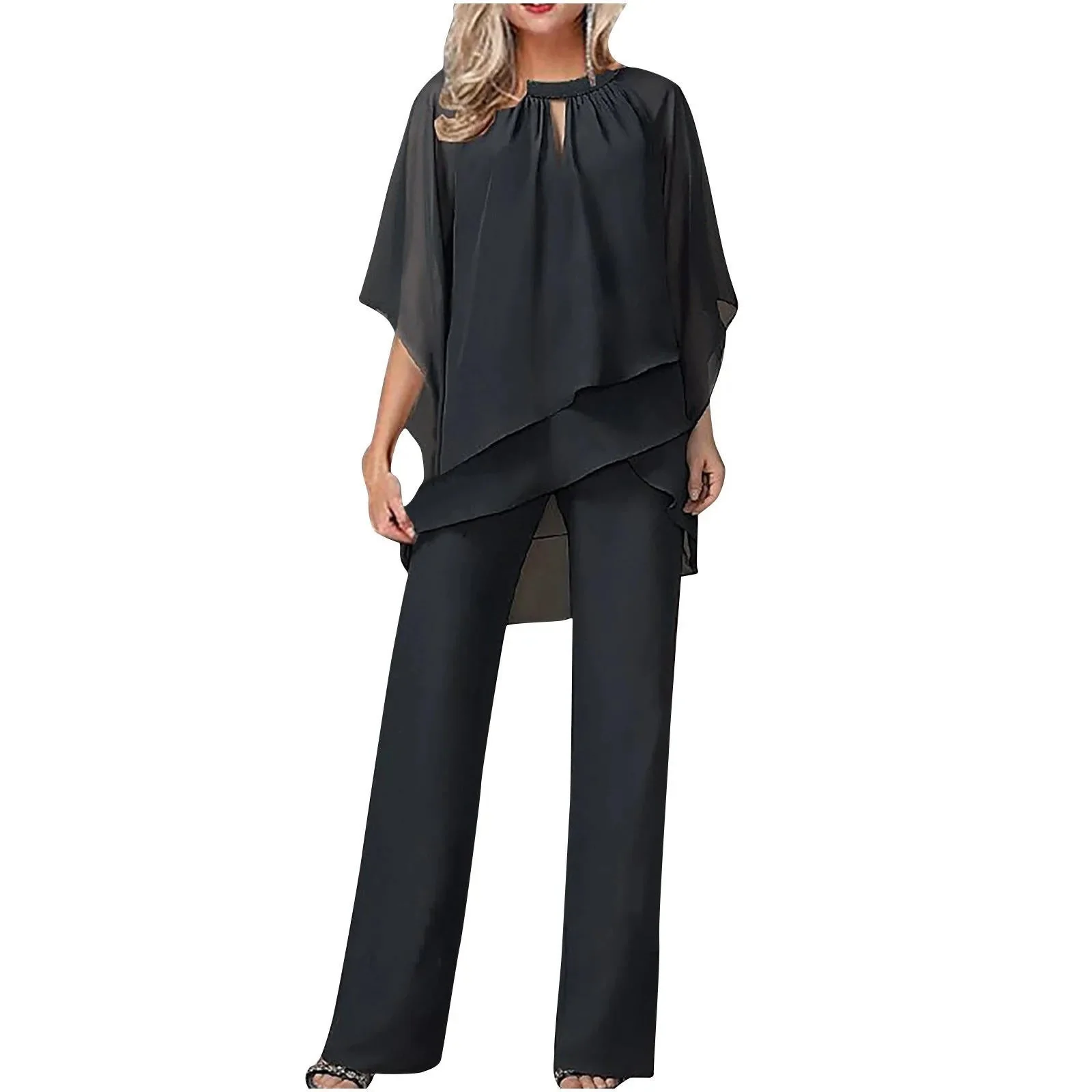 Vivienne | Women's Chiffon Overlay Batwing Sleeve Wide Leg Pantsuit - Image 2