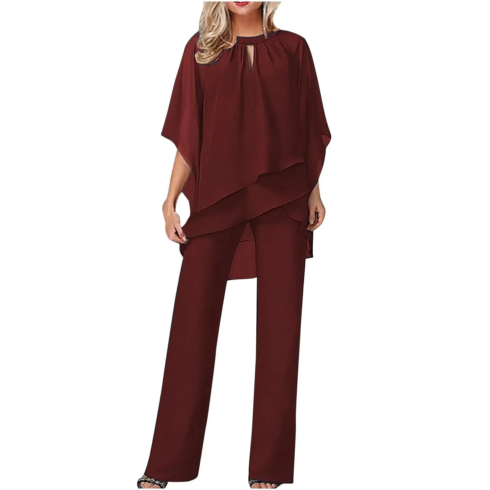 Vivienne | Women's Chiffon Overlay Batwing Sleeve Wide Leg Pantsuit - Image 4