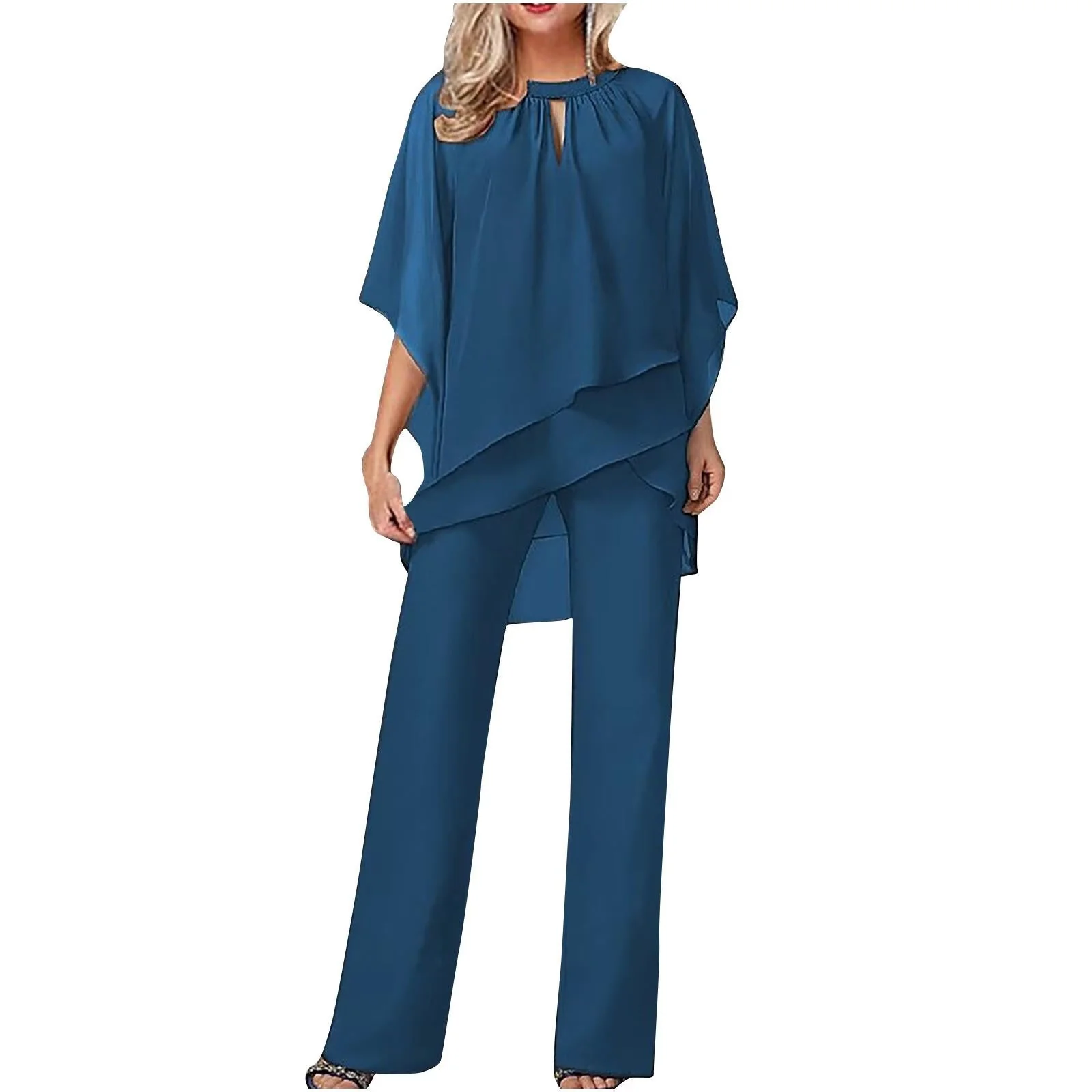Vivienne | Women's Chiffon Overlay Batwing Sleeve Wide Leg Pantsuit - Image 5